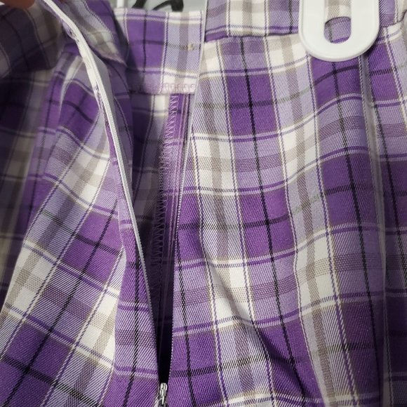 Purple Tartan Cropped High Waist Wide Leg Pants Trousers, 2 - Picture 6 of 8